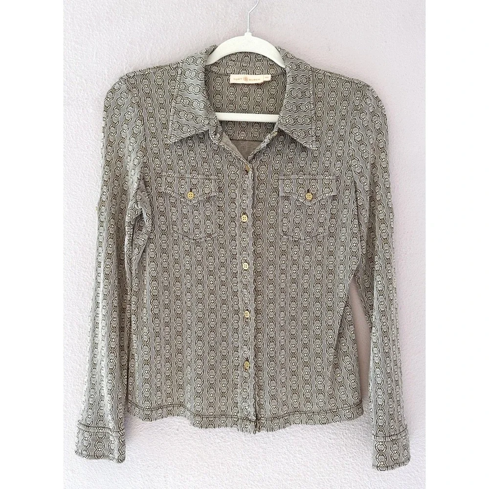 Tory Burch Chain‎ Print Knit Button Up Blouse Career Wear Preppy Y2K Medium